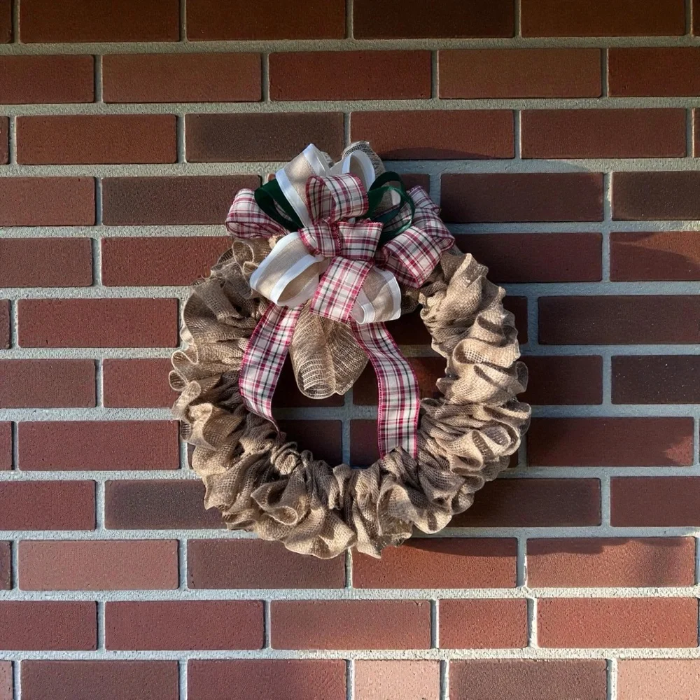 New! Festive Christmas Burlap Holiday Wreath with Red and‎ Green Accents, 19 in.